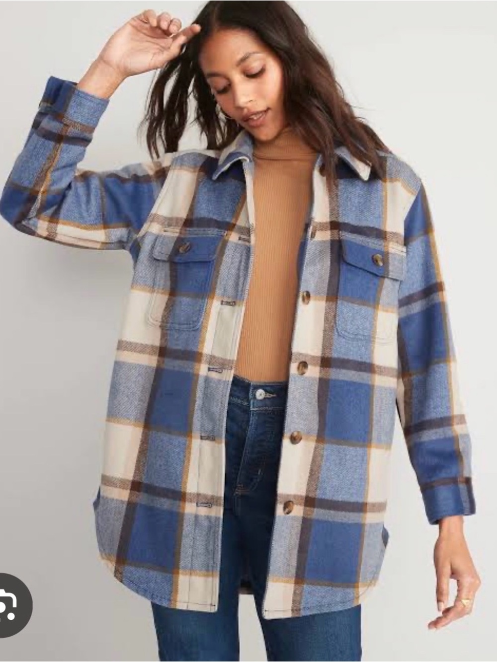 Old Navy Soft Blue and Cream Plaid Utility Shacket Womens Size Medium Warm
